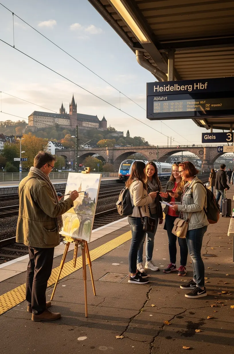 Gemütlicher Sitzbereich in einem Regionalzug mit Aussicht auf historische deutsche Burgen und Schlösser.