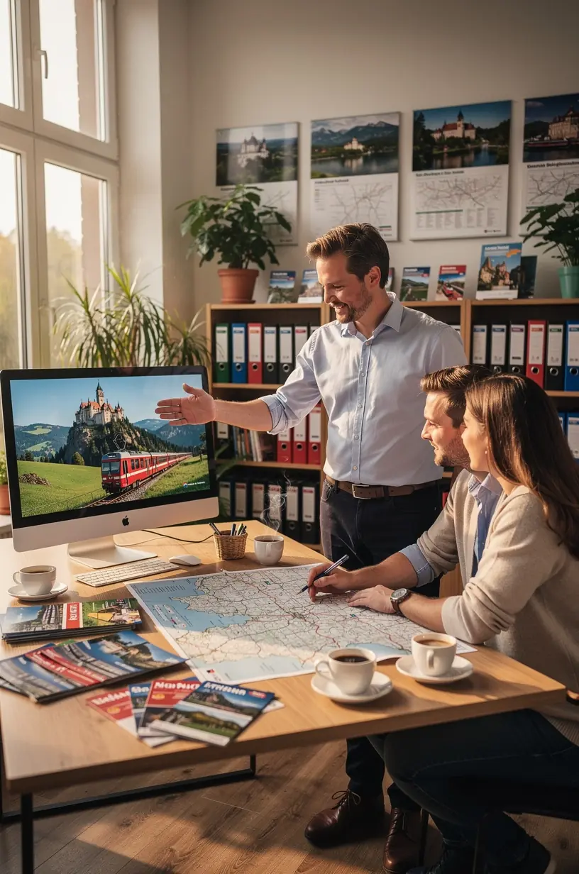Beratungsgespräch zwischen Reiseexperten und Kunden in modernem Studio mit Deutschlandkarte im Hintergrund.